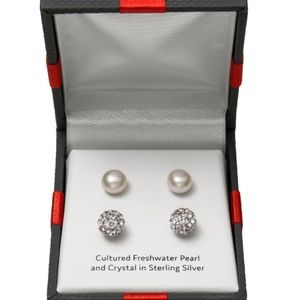 NEW 2 Pair Cultured Pearl & Crystal Sterling Silve
